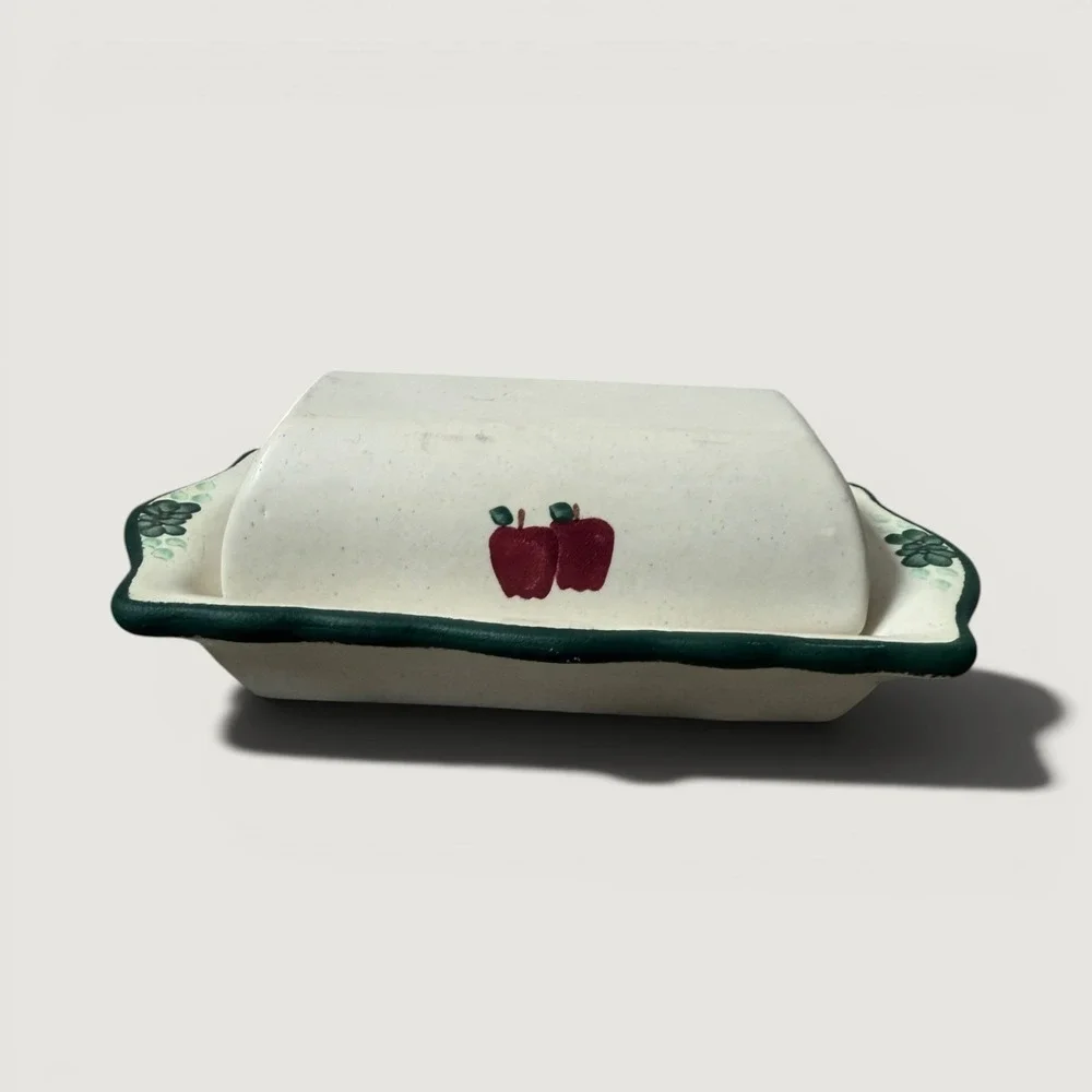 Noel Pie Plate Co Handpainted Ceramic Butter Dish Apple Motif Cream Green
